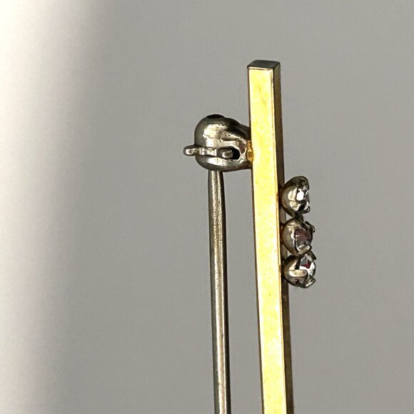 Vintage Krementz 14K Gold Filled Bar Pin Brooch 3 Clear Rhinestones Midcentury - Picture 6 of 10